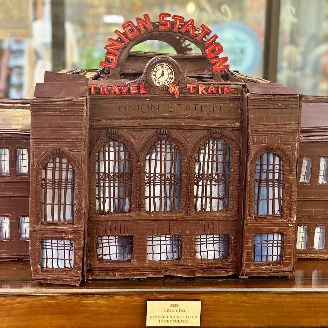 A chocolate sculpture of Union Station travel train at Bibamba Artisan Chocolate in Edgewater Public Market