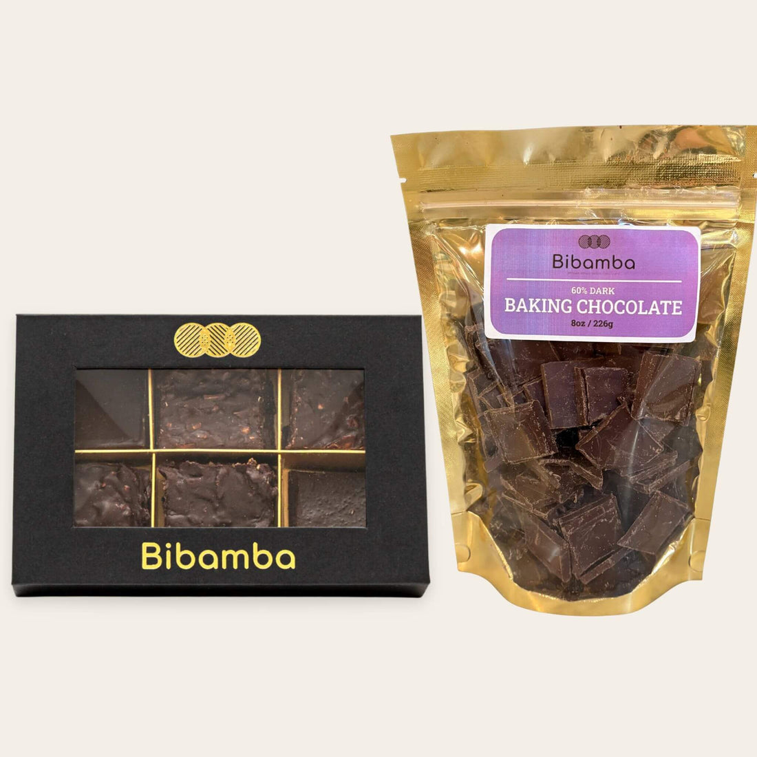 Bakers bundle includes a bag of Bibamba's 60% dark chocolate for baking and a dark chocolate sampler box
