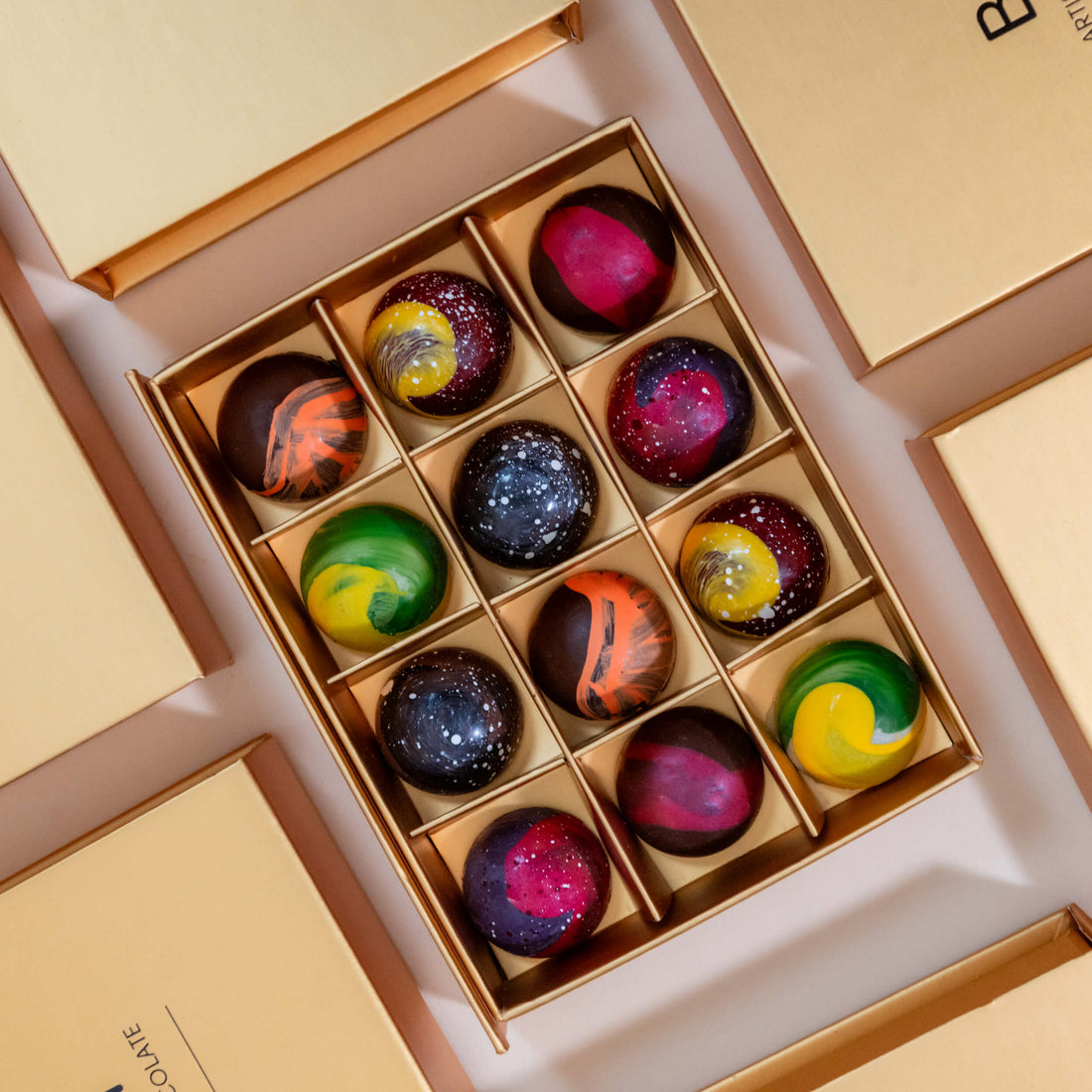 An overhead view of Bibamba's 12-piece bon bon collection
