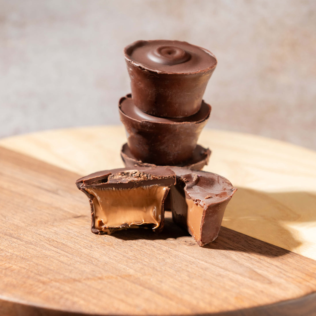 Bibamba peanut butter cups, available in dark or milk chocolate