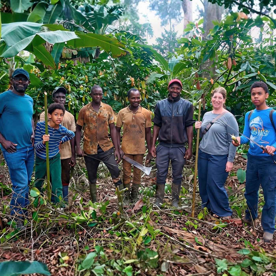 Bibamba co-owners Patrick and Mara Tcheunou with family and farmers on their cacao farm in Cameroon