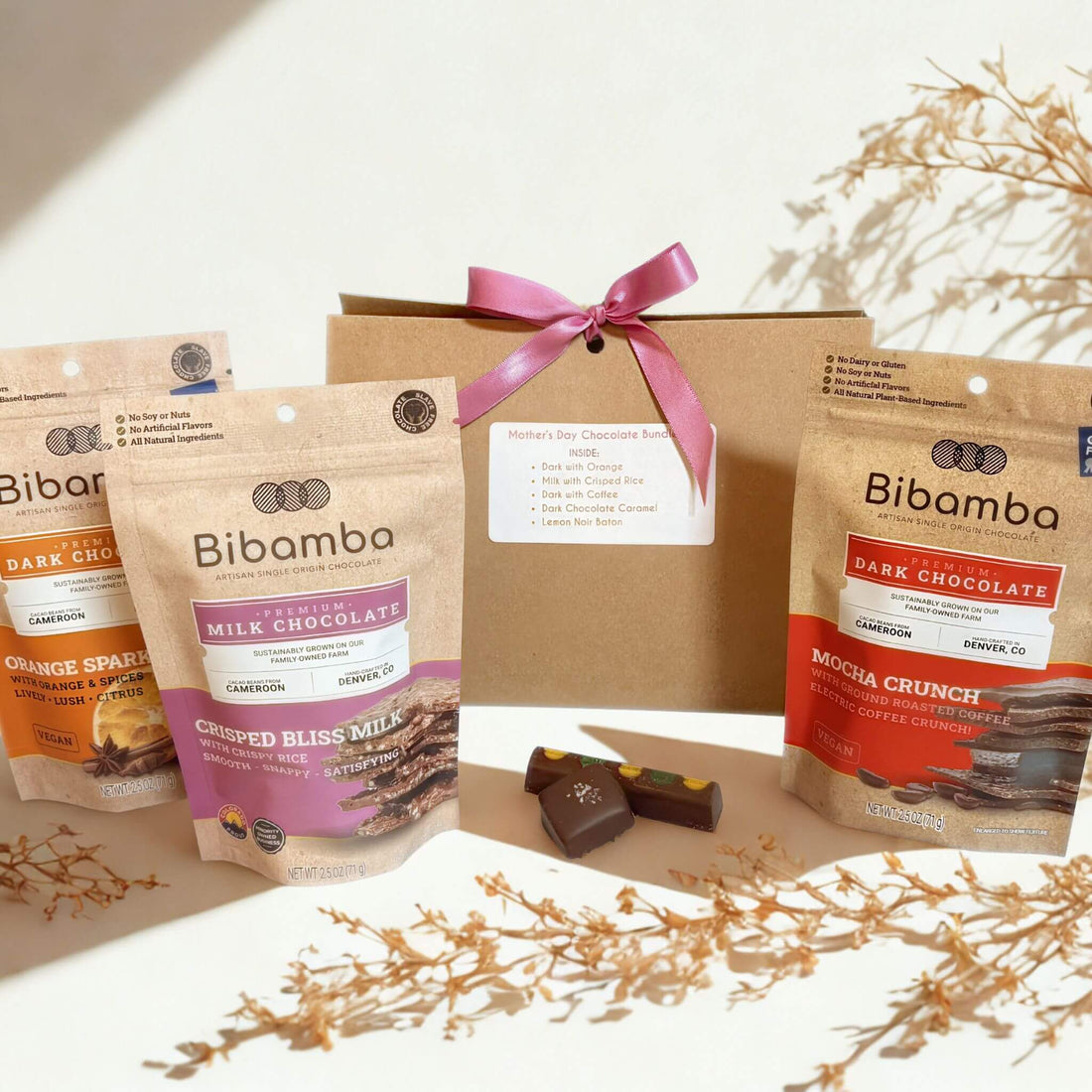 Bibama chocolate packages with a gift box on a decorative surface
