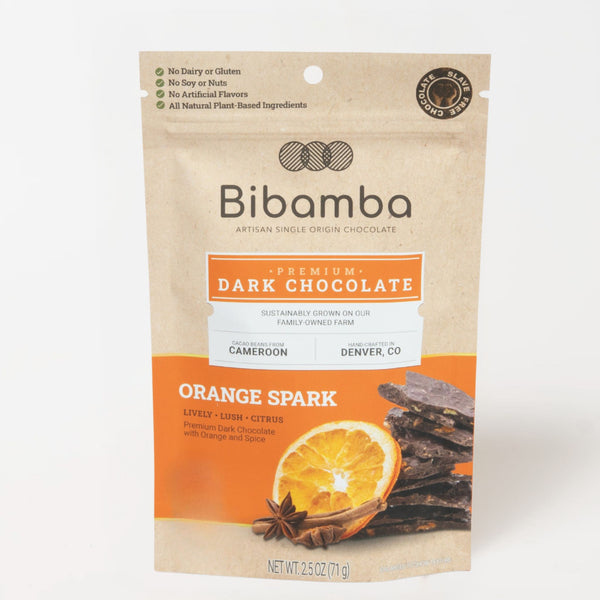 Bibamba dark chocolate packaging with orange and star anise on a white background